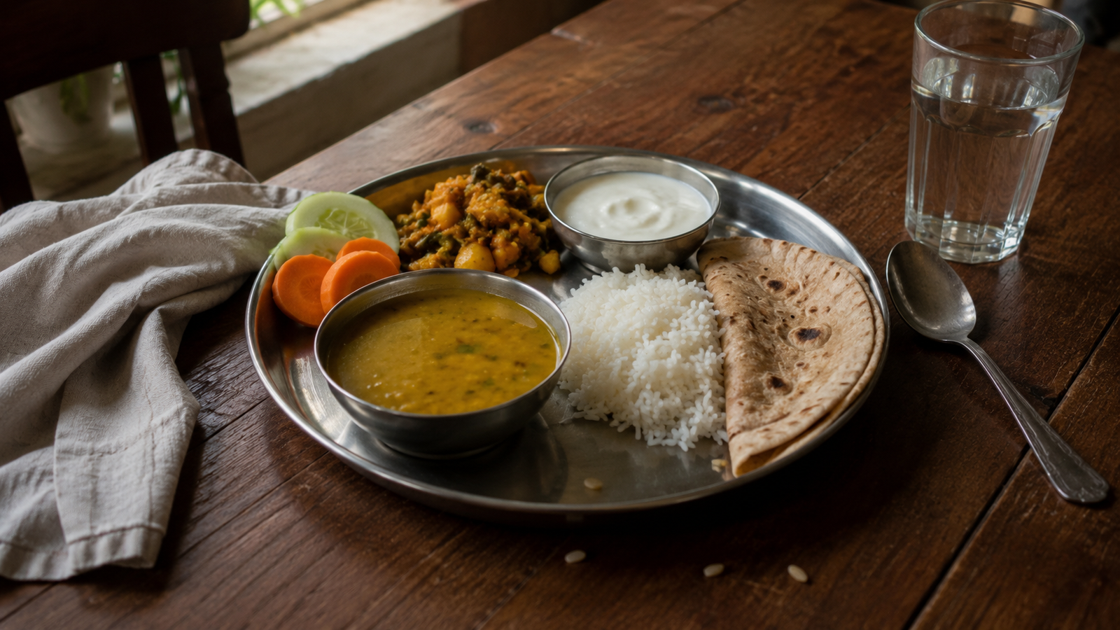 A balanced Indian home-cooked meal with chapati, rice, dal, vegetable sabzi, curd, fresh salad, and a glass of water served on a dining table.