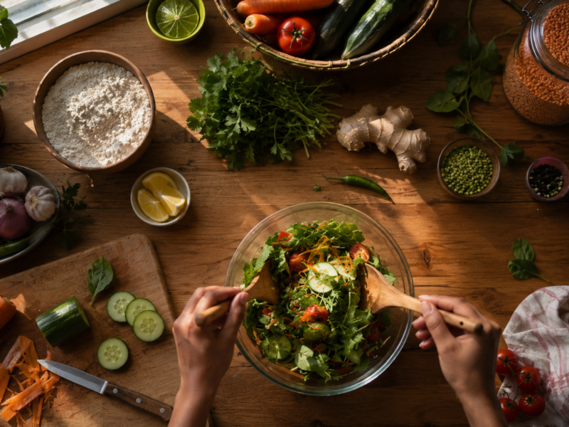 Fresh vegetables, lentils, and herbs arranged on a kitchen countertop while hands prepare a healthy homemade meal in natural morning light.