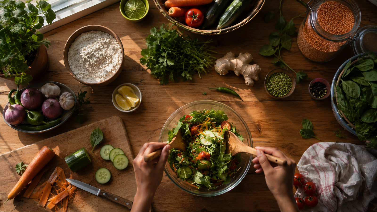 Fresh vegetables, lentils, and herbs arranged on a kitchen countertop while hands prepare a healthy homemade meal in natural morning light.
