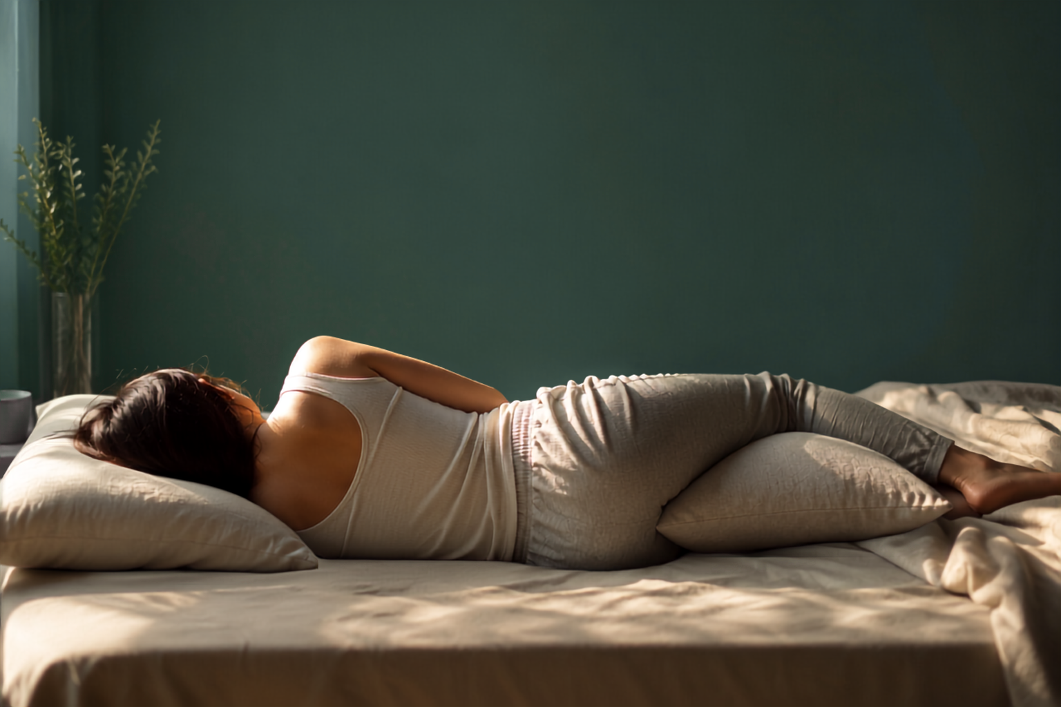 Illustration of left-side sleeping position with pillow support, shown as the best sleep position for digestion