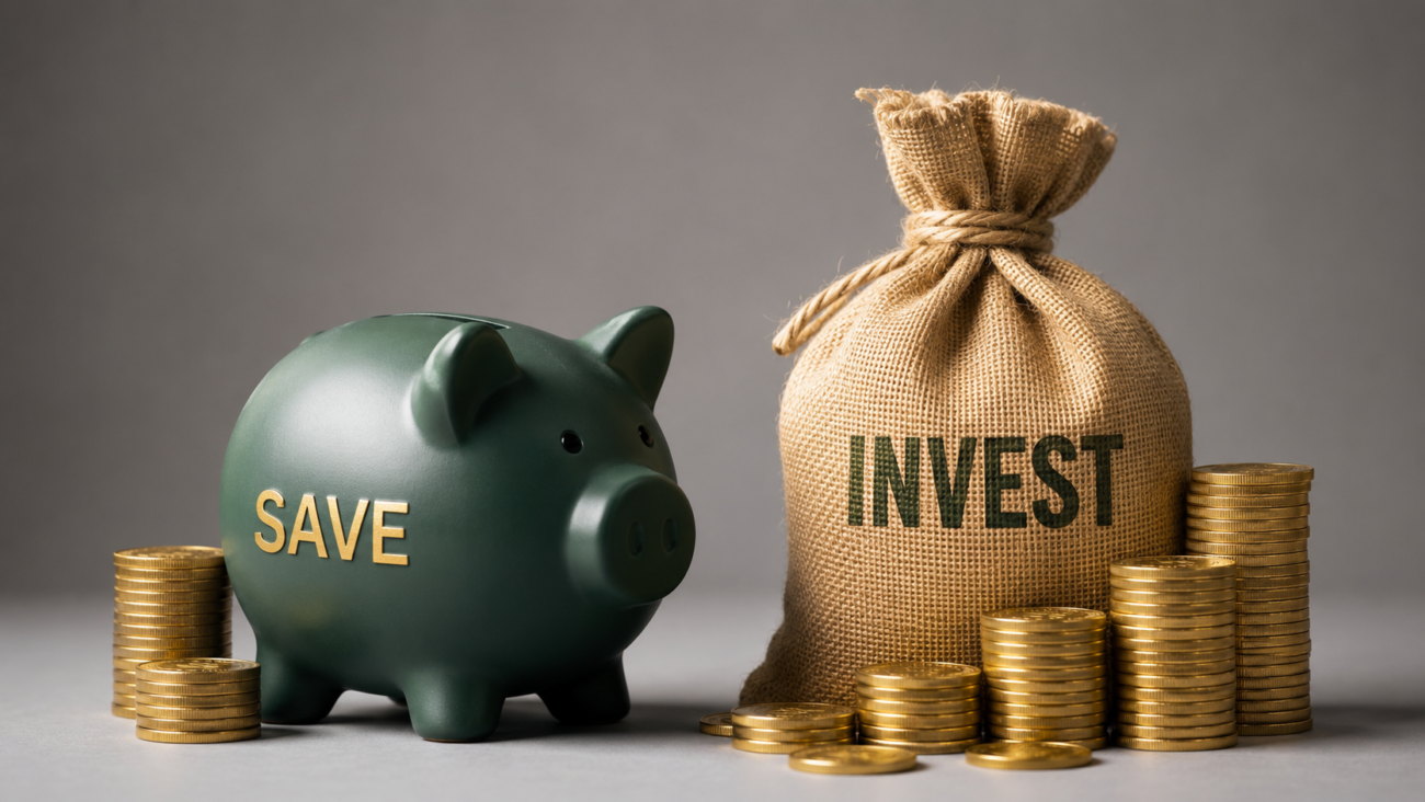 Piggy bank labeled Save next to a money bag labeled Invest, symbolizing financial security