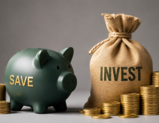 Piggy bank labeled Save next to a money bag labeled Invest, symbolizing financial security