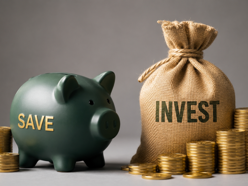 Piggy bank labeled Save next to a money bag labeled Invest, symbolizing financial security