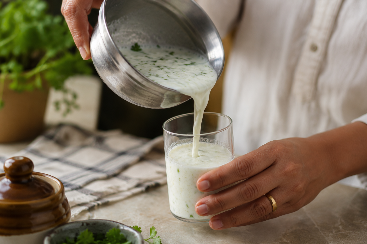Bowl of curd beside a home-cooked plate of dal and vegetables, everyday foods that support how to improve gut health