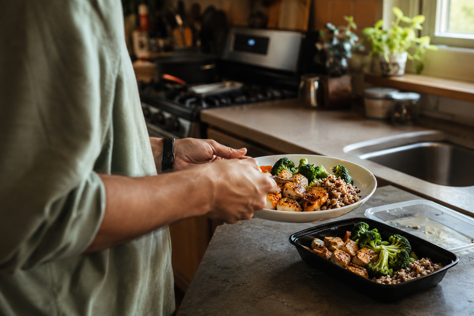 Hands portioning a home-cooked meal with chicken, broccoli, and grains into a container, an example of meal planning for weight loss