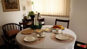 A simple, calm breakfast table setting as part of a healthy morning routine