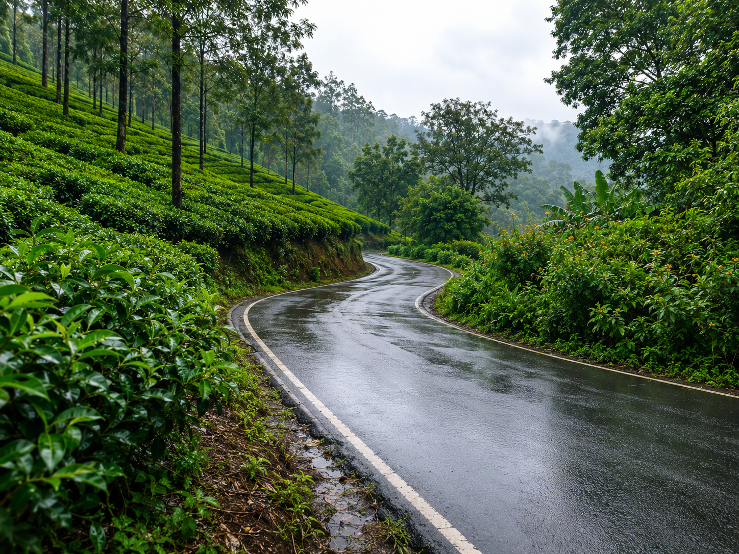A rain-soaked hill road winding through a green tea garden during monsoon travel