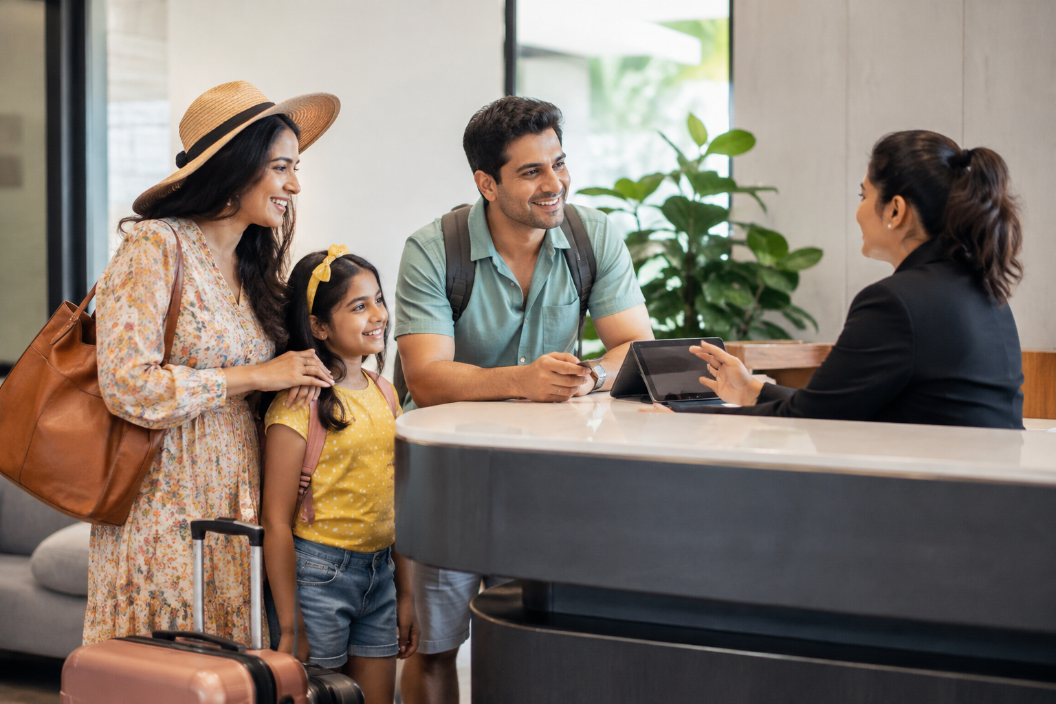 A family checking into comfortable accommodation as part of family vacation planning