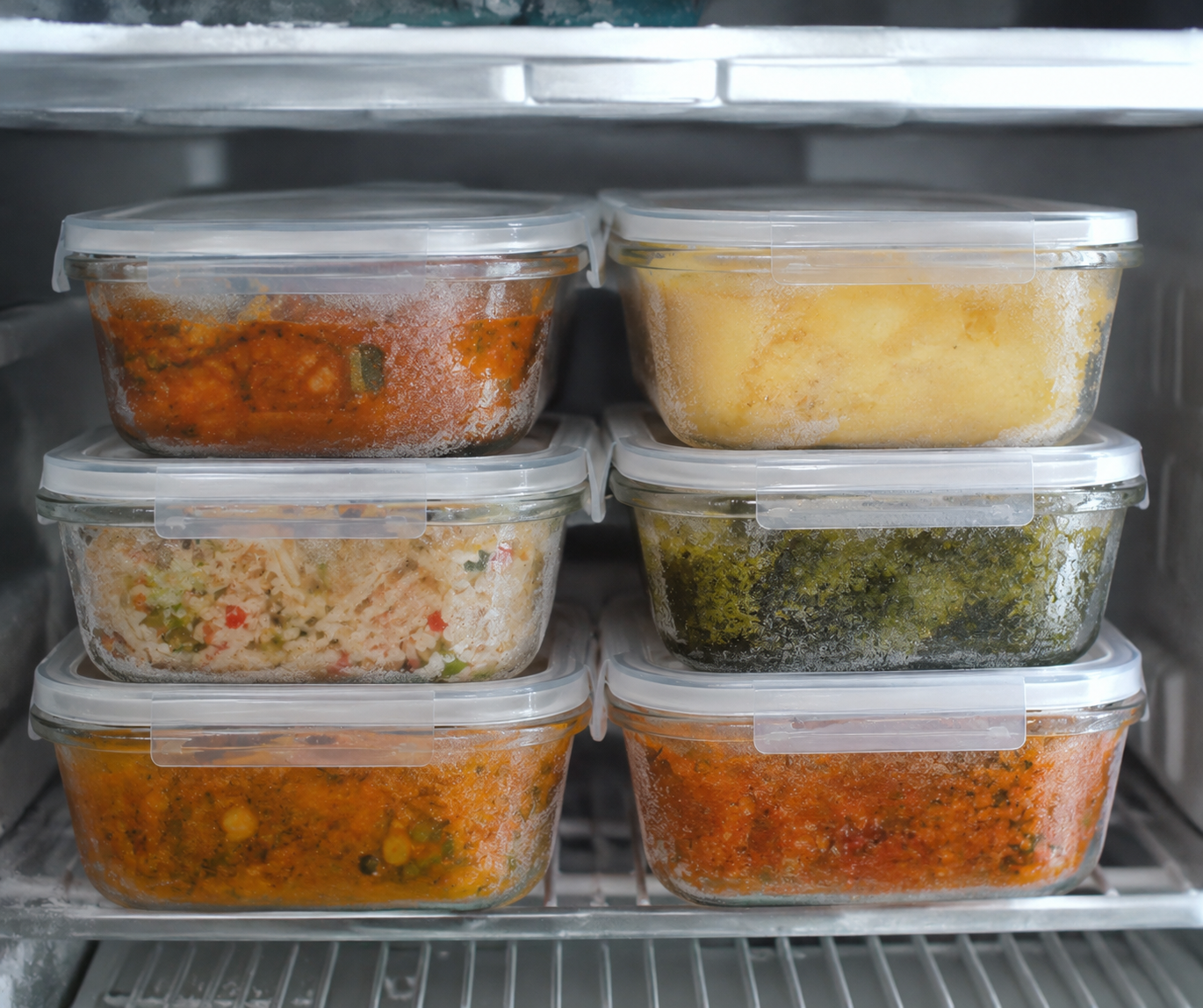 Labeled glass containers of batch-cooked food stored in a freezer for easy weekly meals