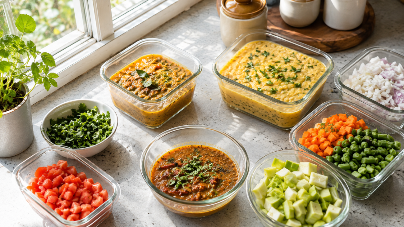Kitchen counter with prepped dal, gravy base, and chopped vegetables as meal prep ideas