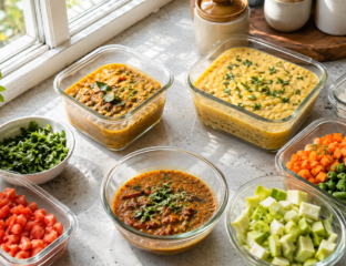Kitchen counter with prepped dal, gravy base, and chopped vegetables as meal prep ideas