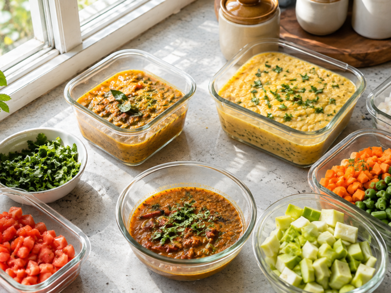 Kitchen counter with prepped dal, gravy base, and chopped vegetables as meal prep ideas
