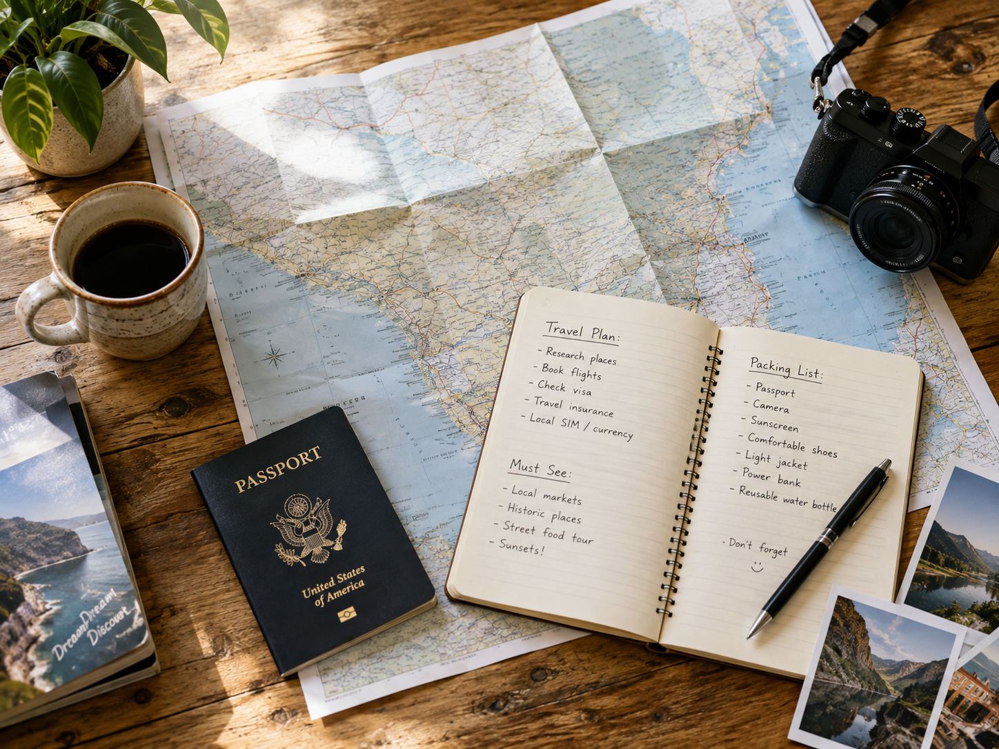 A flat lay of a map, passport, and notebook used for planning a trip with helpful travel tips