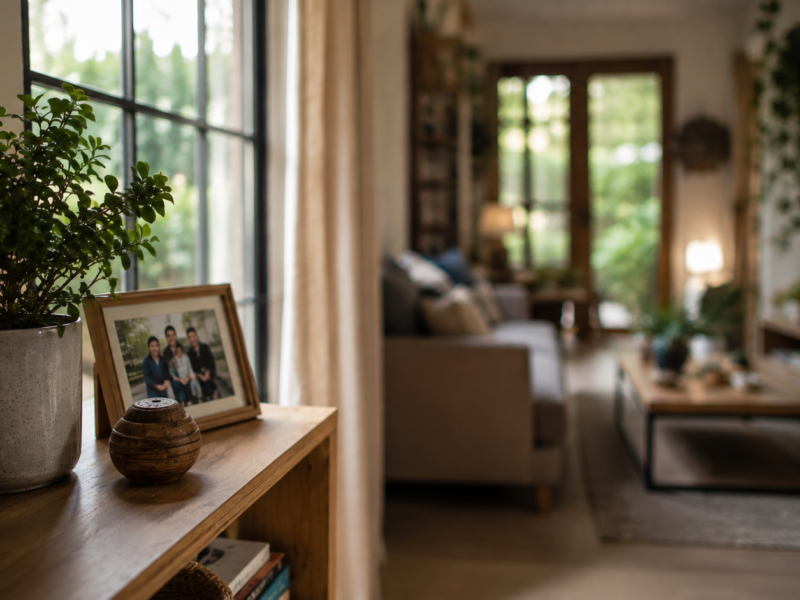 A calm, organized corner of a home reflecting a minimalist lifestyle within a busy household