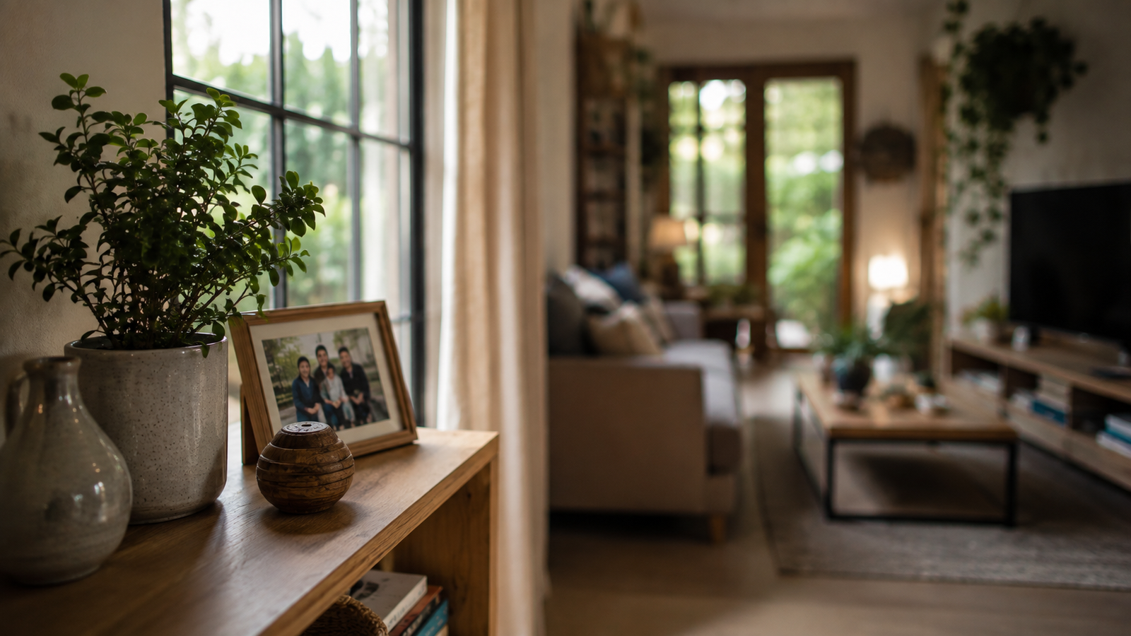 A calm, organized corner of a home reflecting a minimalist lifestyle within a busy household